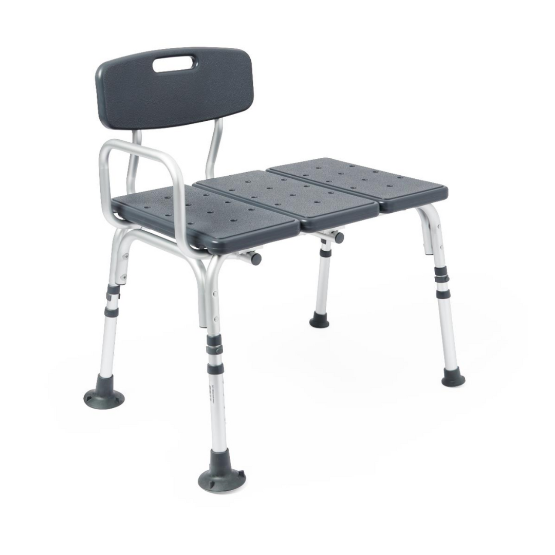 The Medline Tub Transfer Bench with Reversible Backrest is a black, adjustable bench featuring a rust-resistant aluminum frame and rubber-tipped legs for stability. Its two-section seat, complete with three drainage holes, aids in safe bathtub transfers and enhances bathroom accessibility.